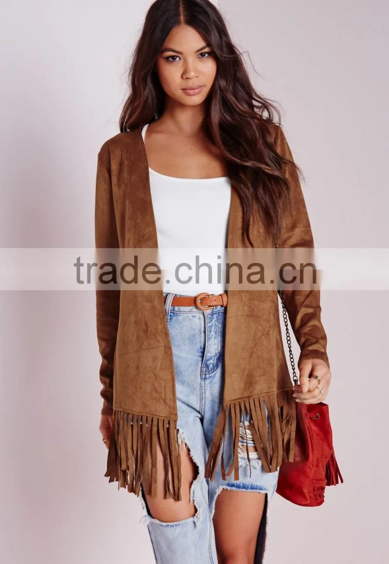 2015 Women Winter Long Sleeve Faux Suede Jacket with Fringe Hem