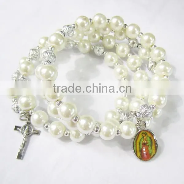 Wraparound stretch memory wire rosary bracelet