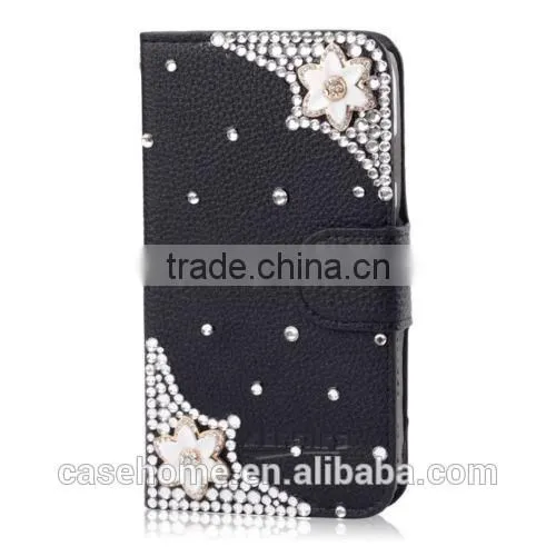 New Fashion Bling Crystal Diamonds Pearls PU leather flip stand wallet case cover for iphone6s