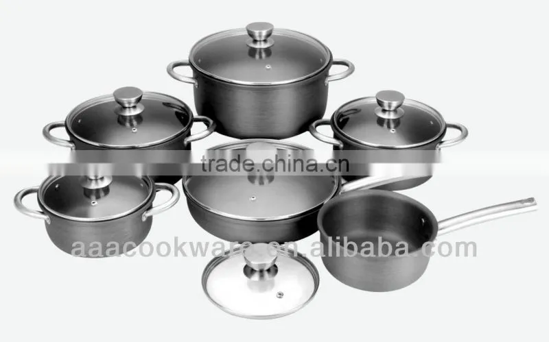 2015 New Products 12PCS German Technique 2.5mm Hard Anodized Aluminium Cookware Set With Glass Lid For Wholesale