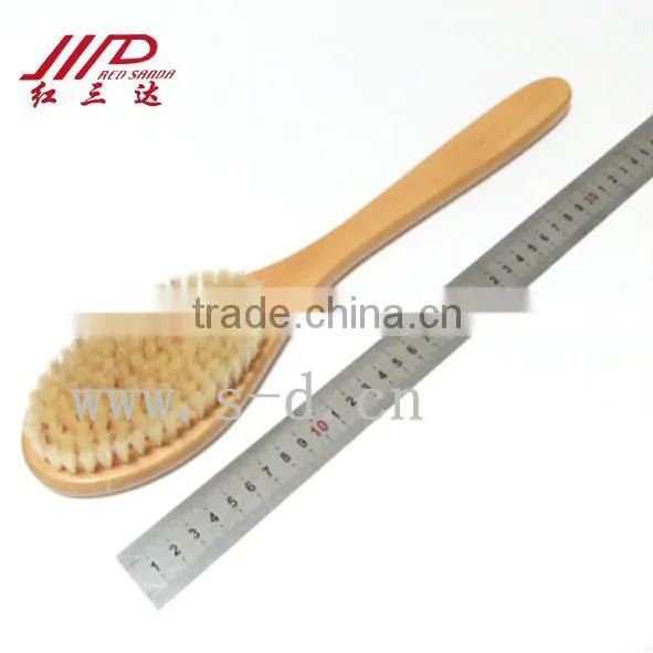Wooden long handle bath brush with pig hair for massage
