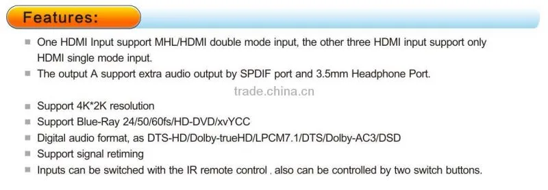 4kx2k&full 3D &ARC supported HDMI Matrix 4x2 with Audio Extractor