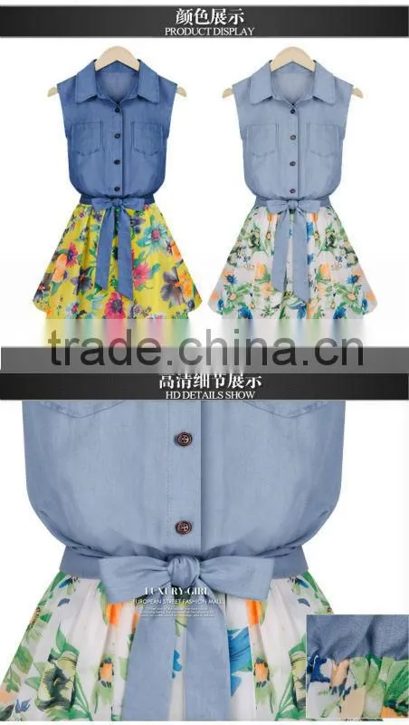 2015 New arrival European Style Women Dress Summer New Design Denim Printing floral Chiffon Dress