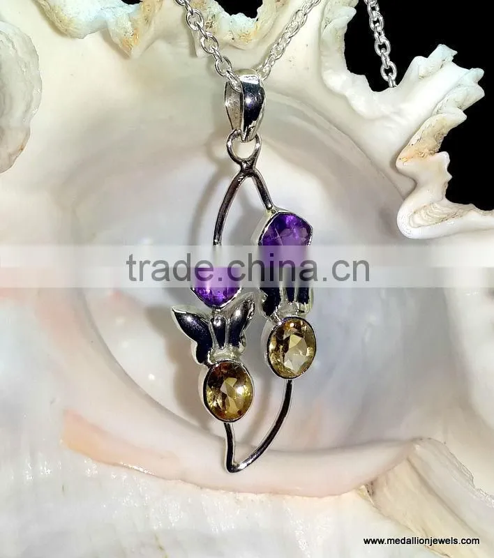 Blue Topaz Amethyst Citrine Garnet Designer 925 Sterling Silver Jewelry Necklace, Designer Gemstone Necklace, 925 Silver Jewelry