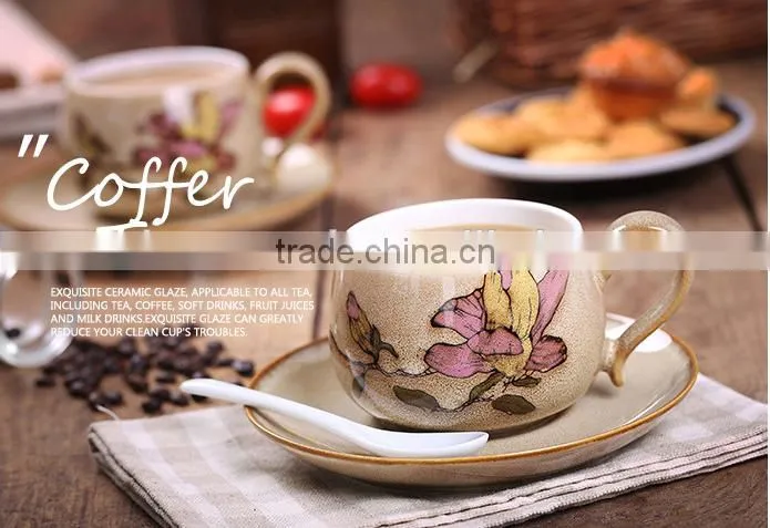 Jingdezhen hand drawing Latte machiatto coffee cup with plate and spoon