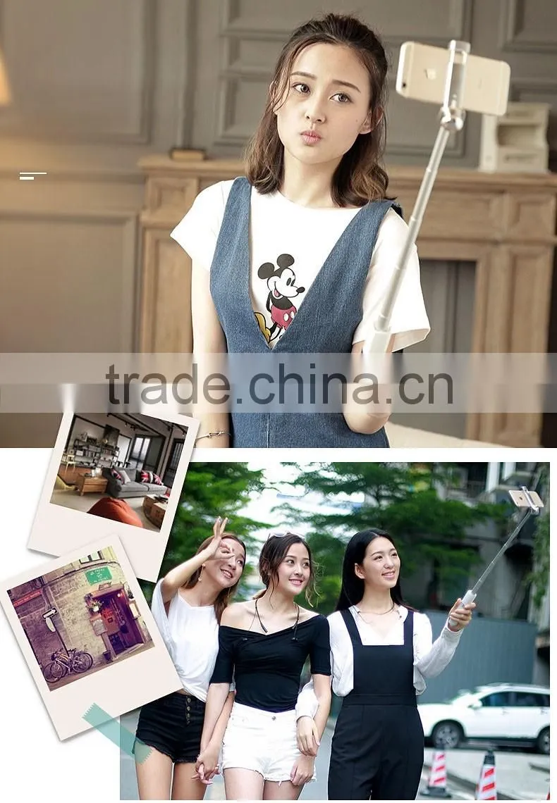 2016 New Wholesale mini automated selfie stick lip gloss selfie stick with cable for iphone and Android Smart phone