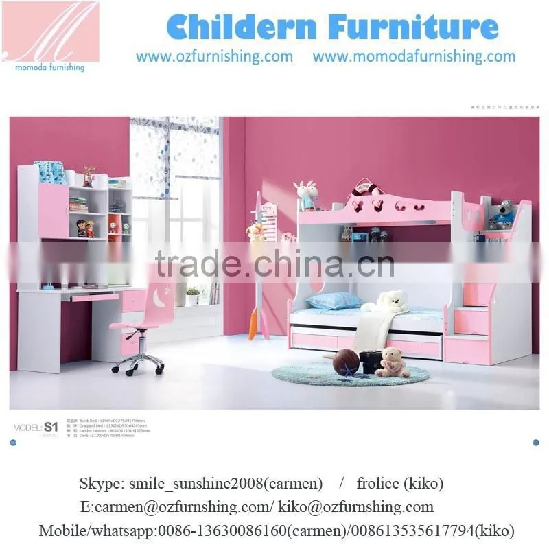SJ802 white color fashion MDF bunk bed withStep ladder for kids