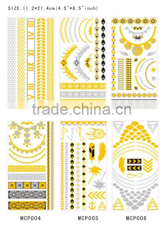 MCP001-006 cheap glitter tattoo paper metallic gold removal 3D Temporary Tattoo Sticker