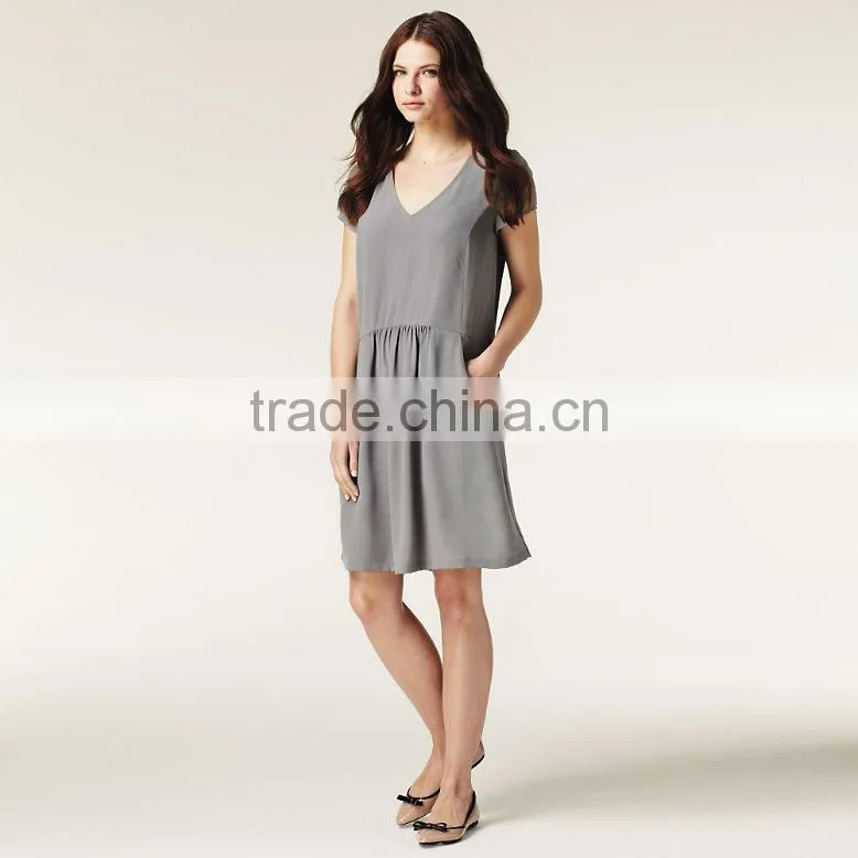 Ladies V-neck Drop Waist Silk Shift Dress TH105