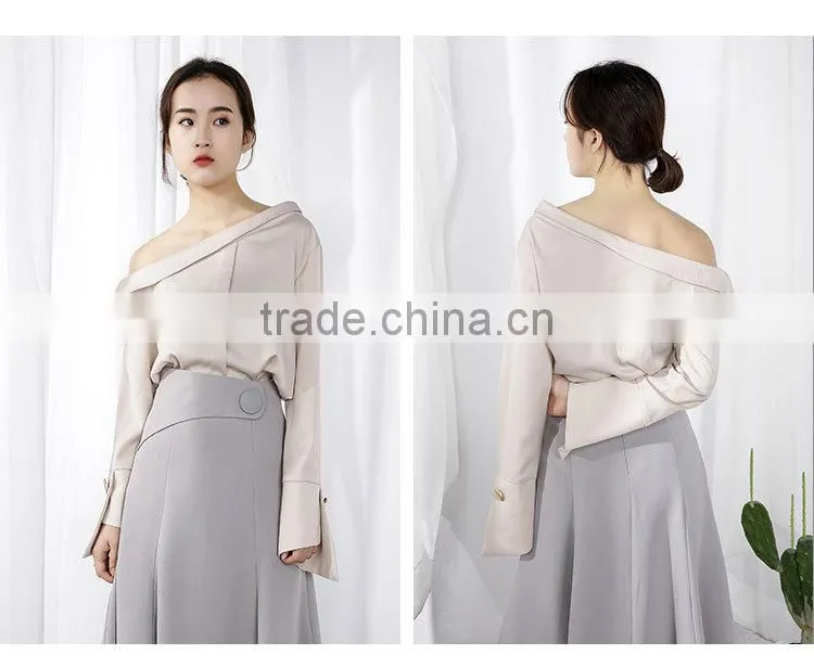 2017 autumn new style chiffon sexy collar diagonal shoulder long sleeve fashion blouse chiffon shirt