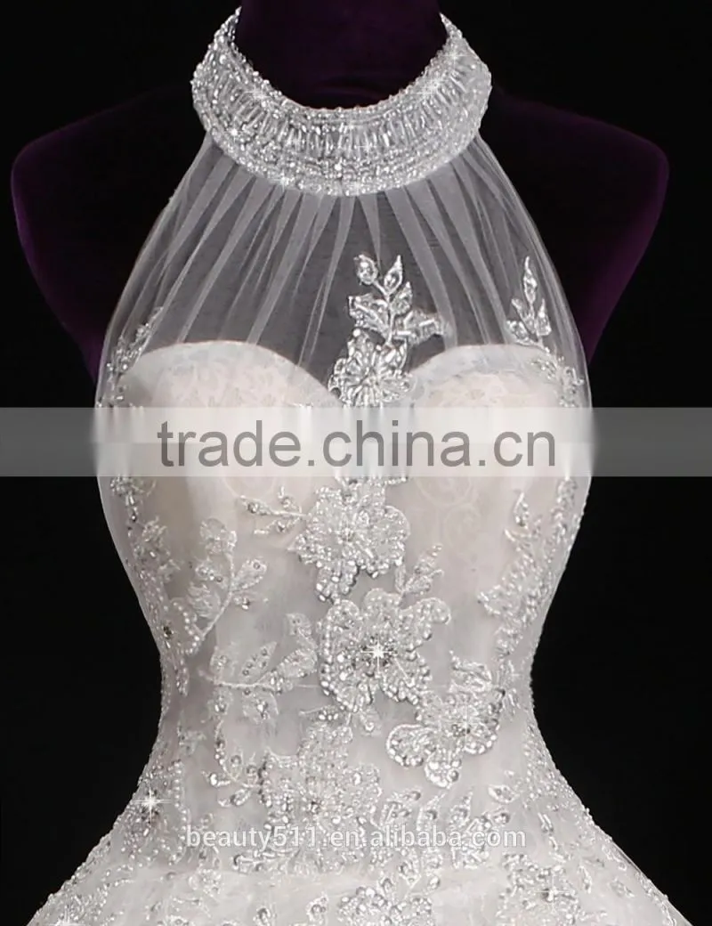 Latest Designs 2017 Elegant A-Line High Collar Cap Sleeve Floor-length Modest Beaded Lace Wedding Dress F13802