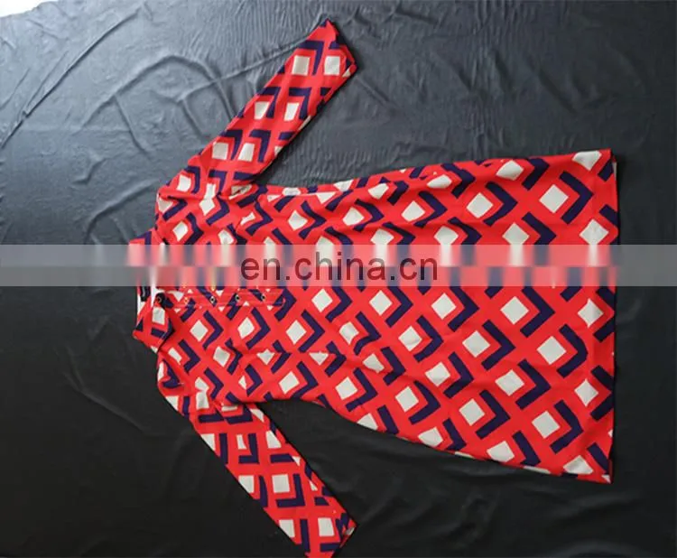 Ladies retro printing red Knitted Cotton shirt style long sleeve lapel dress