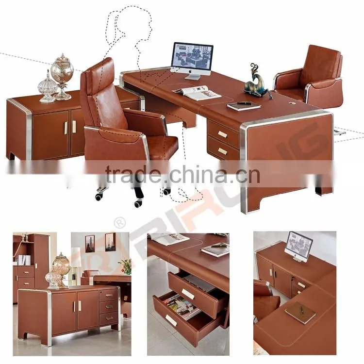 Antique customized colorful wooden commercial front executive office desk with genuine leather cover design