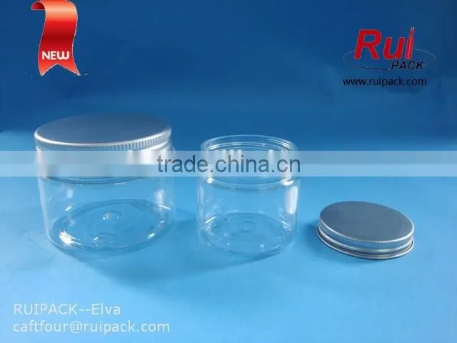PET cream jar with aluminum cap, PET jar for candy container, plastic jar