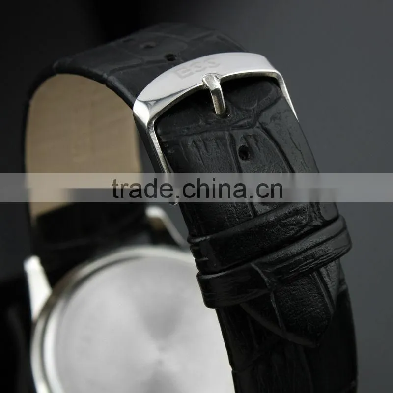 ESS Men's Classic Black Leather White Quartz Wrist Watch