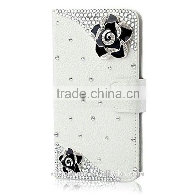 New Fashion Bling Crystal Diamonds Pearls PU leather flip stand wallet case cover for iphone6s