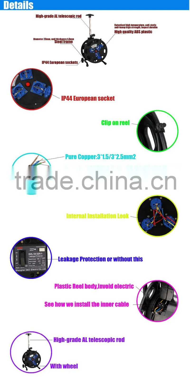 European mini retractable cable reel with wheels