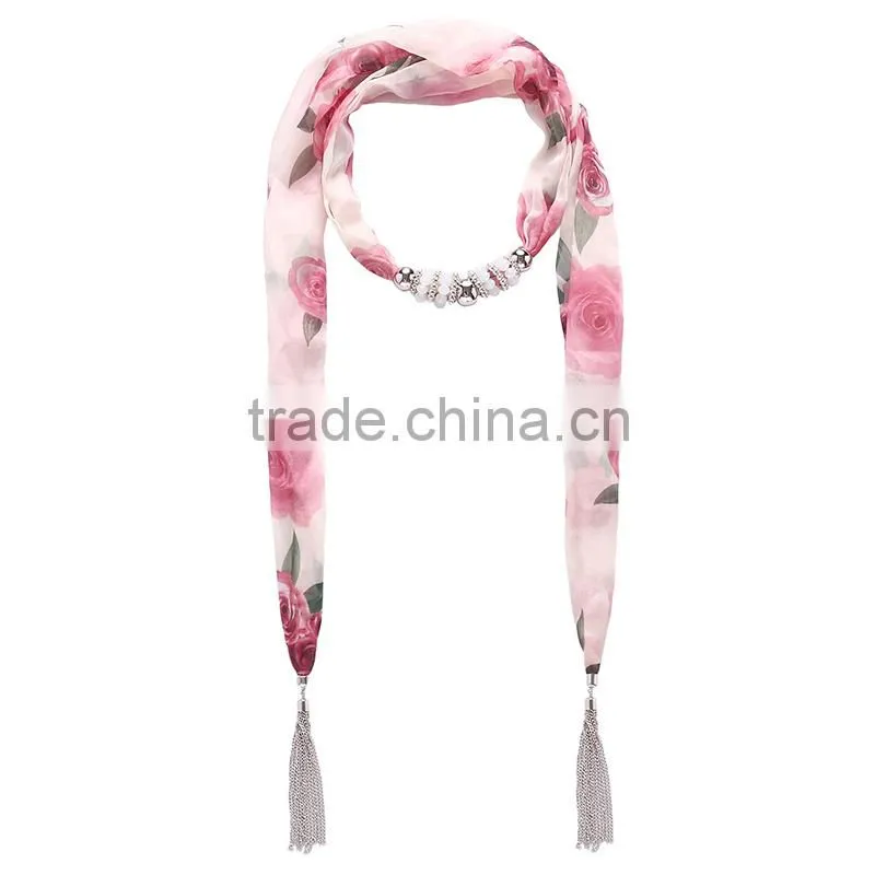 Shabby Chiffon Scarf necklace decorated with pearl beaded ornaments chain