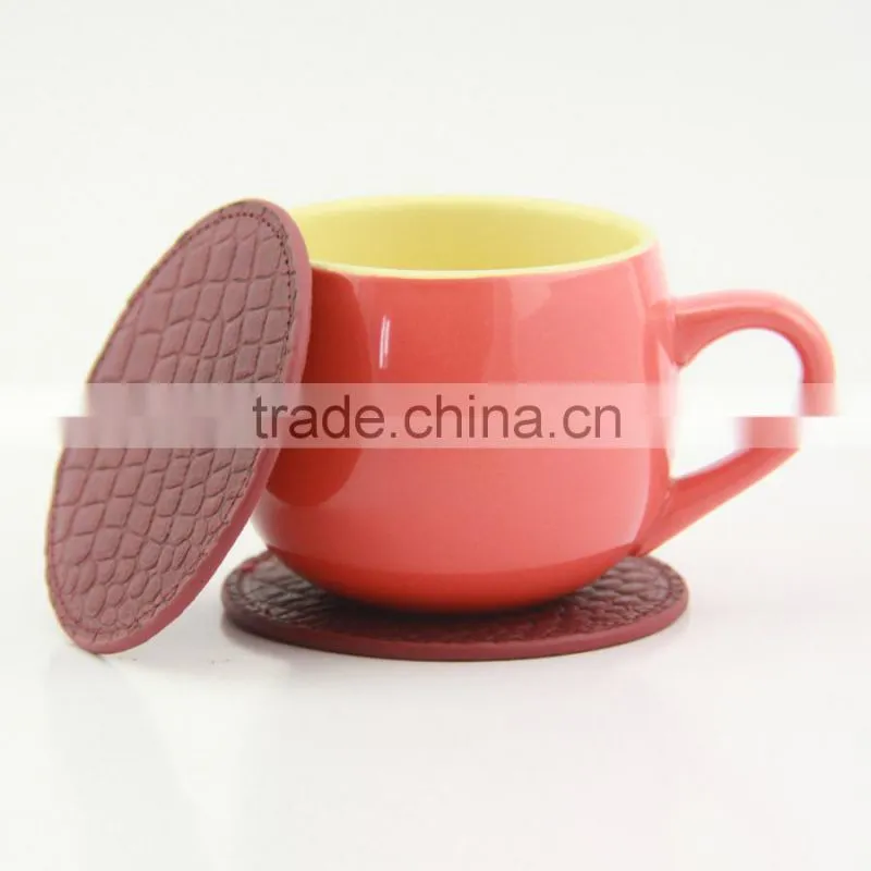 Red crocodile PU leather round cup coasters