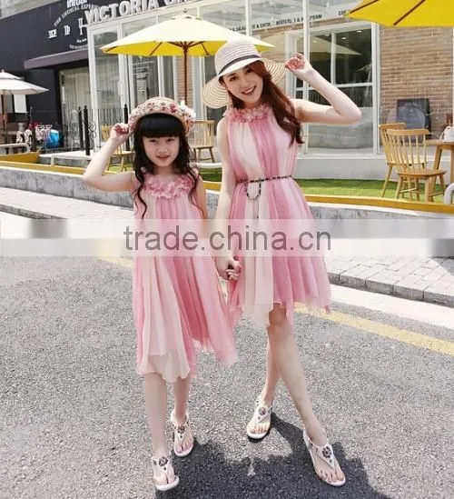 2015 Fashion Princess Family Dress Boutique Store Newest Korean Style Cheaper Chiffon Mother Daughter Dress