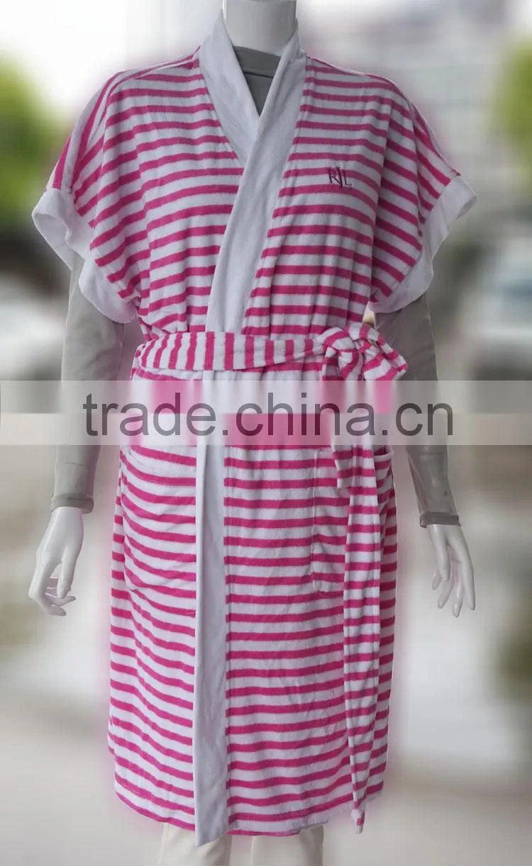 Short sleeve women stripe fancy cotton yarn dyed terry bathrobe