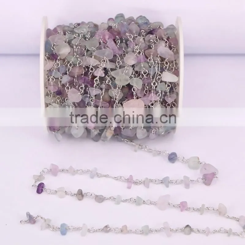 Natural Fluorite Cabochon Beaded Rosary Chains Silver Plated Clip Bead Links Wire Wrapped Chain