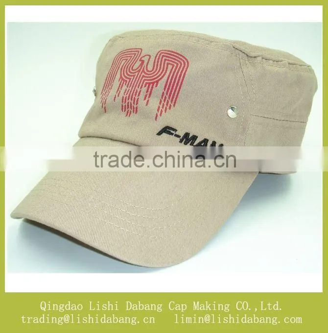Cotton twill material printed army hats, flat top military cap travel