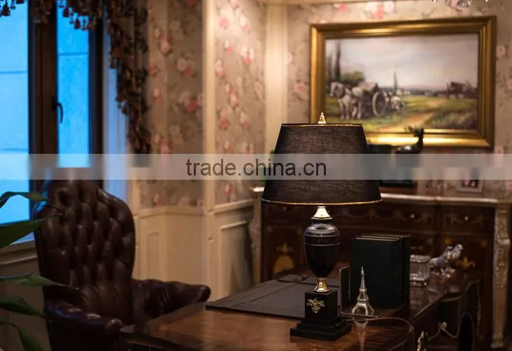 Price cup shape brass decoration black marble lamp body living room table lamp with fabric lampshade