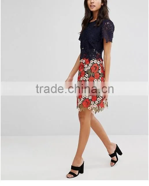 Beautiful Lace Dress Christmas Crocheted High Waist Short Sleeve Women Dress Fashion Party Club Short Dress