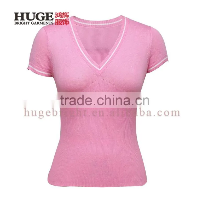 Contrast trim knitted pullover with short sleeves and empire waist