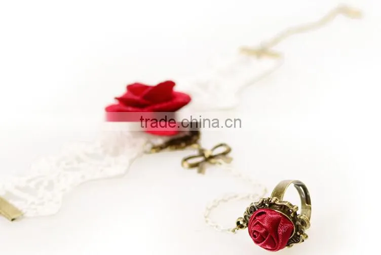National bowknot ring jewelry set handmade white lace girls rose bracelet sets
