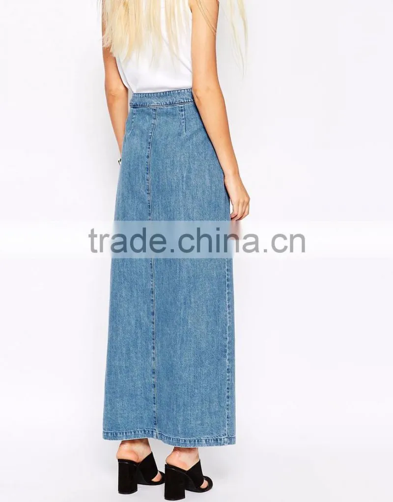 New arrival button front ladies denim skirt wholesale jean maxi skirts 2015