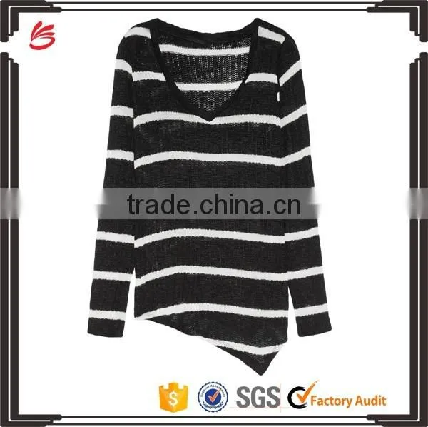 Fashionable V-neck White and Black Strips Pattern Knitwear with Asymmetric Hem and Ribbed Trim