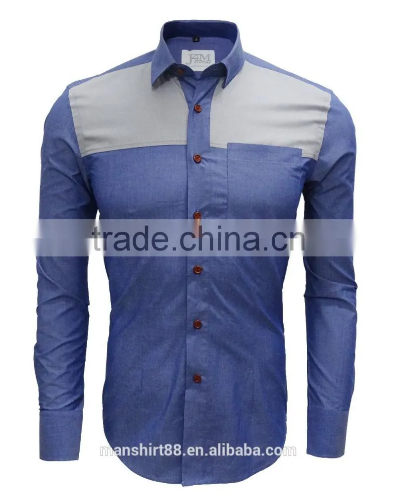 Latest shirt designs blue Chambray special contrast front shirts for men
