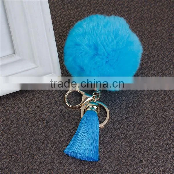 Fashion Gold Plated Blue Angora Rayon Tassel Key Chain Pompom