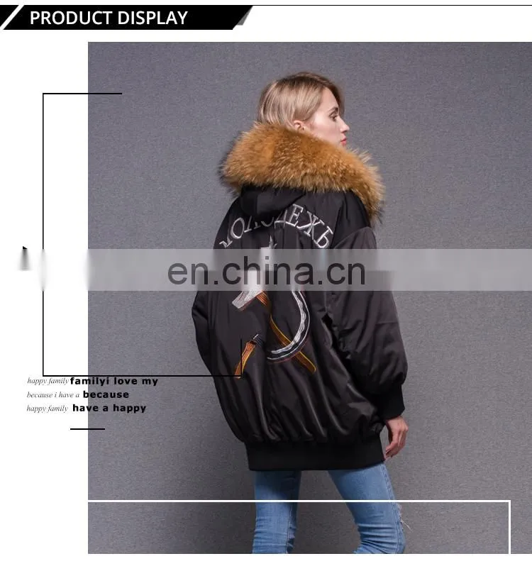 Best warm bomber down jacket with raccoon fur collar