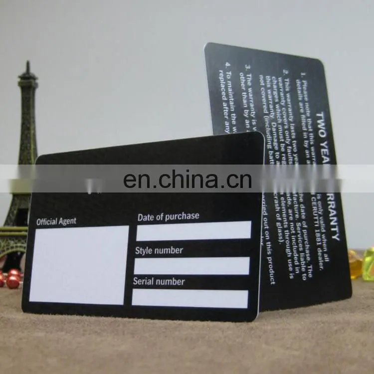 Black color high quality standard size VIP card/Product warranty card/quality assurance card printing