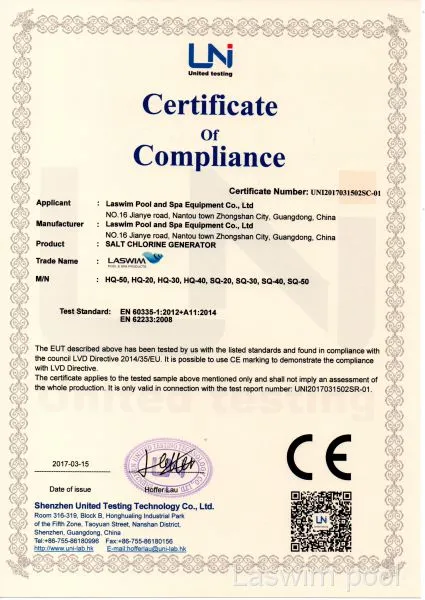 Certificate of Compliance (HQ/SQ salt chlorinator)