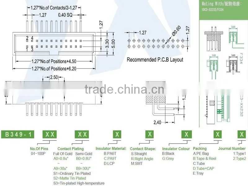Dongguan Yxcon 1.27mm pitch right angle dual row box header connector