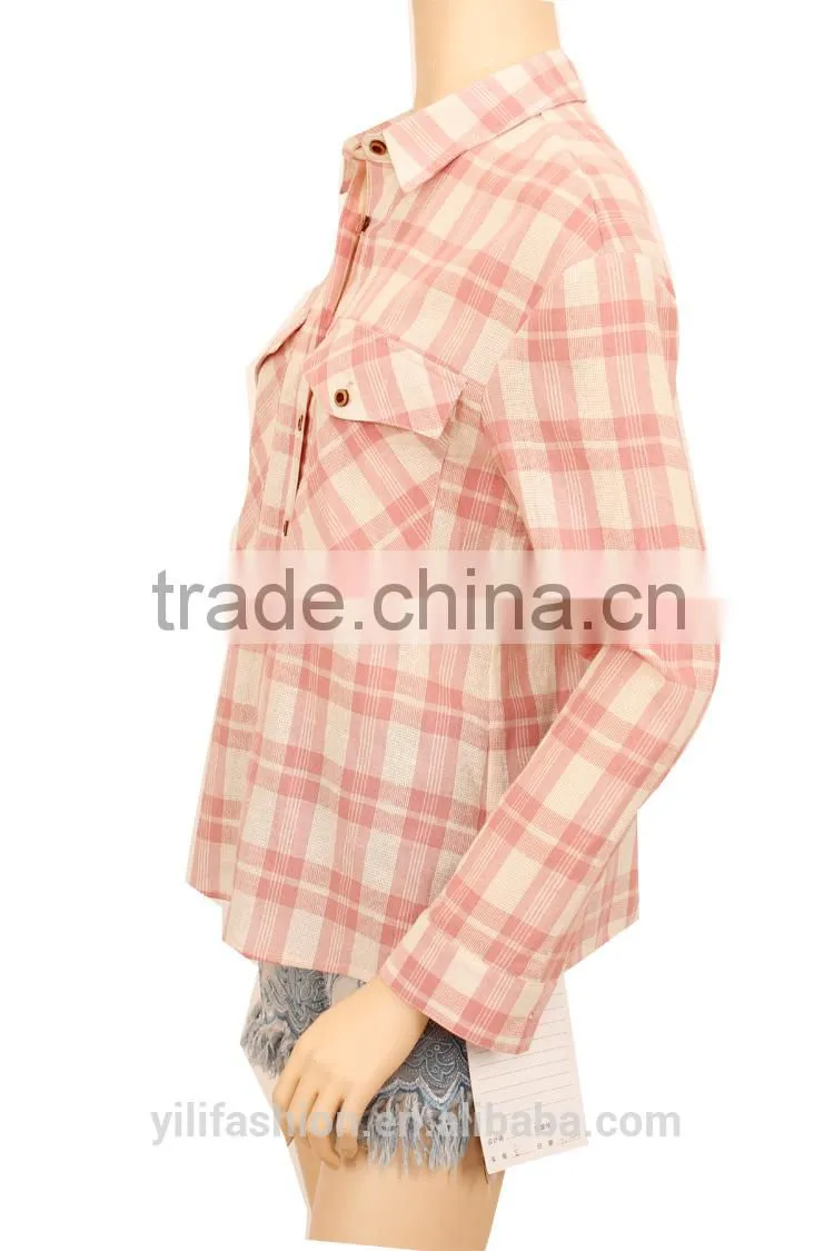 2016 100% cotton woman clothing oem long sleeve plain checked t-shirt manufacturing china