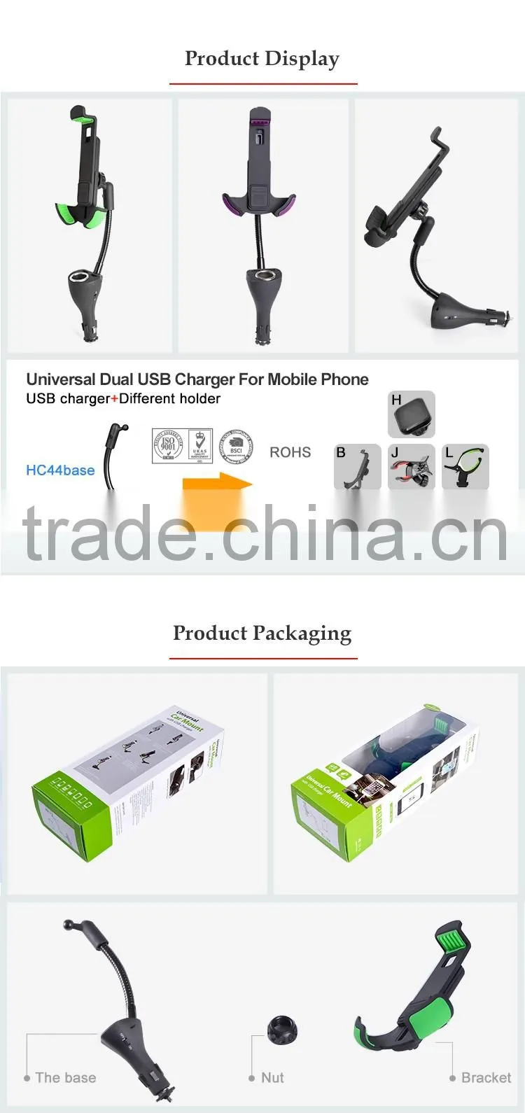 Universal dual USB port car charger holder cigarette socket suitable 4-6.3in smartphone