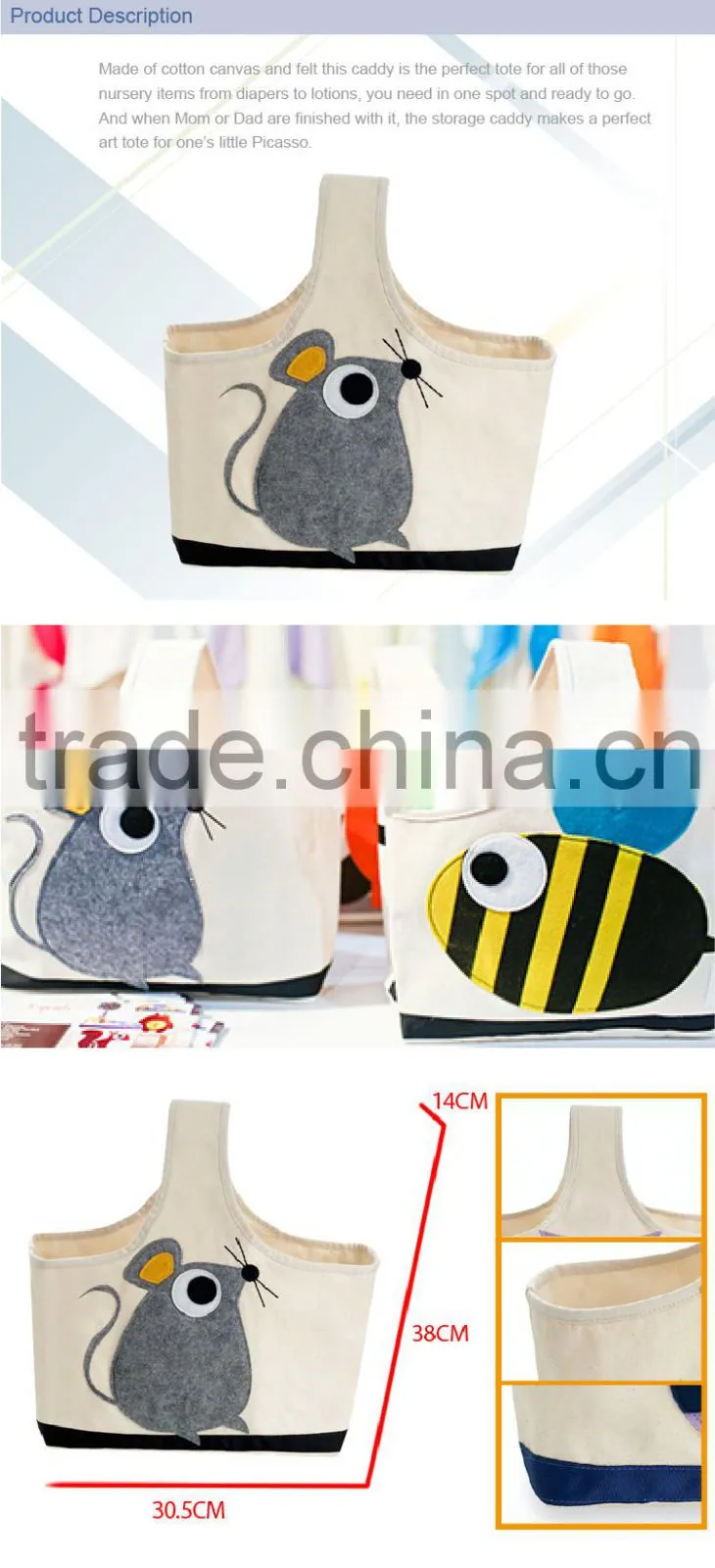 Best Seller Textile Organizer Cotton Canvas Storage Caddy with Felt Embroidery