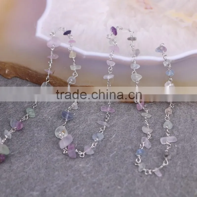 Natural Fluorite Cabochon Beaded Rosary Chains Silver Plated Clip Bead Links Wire Wrapped Chain