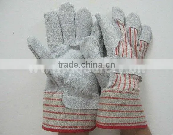 Cow Split Leather Glove With Full Palm Cotton Back Rubberized Cuf