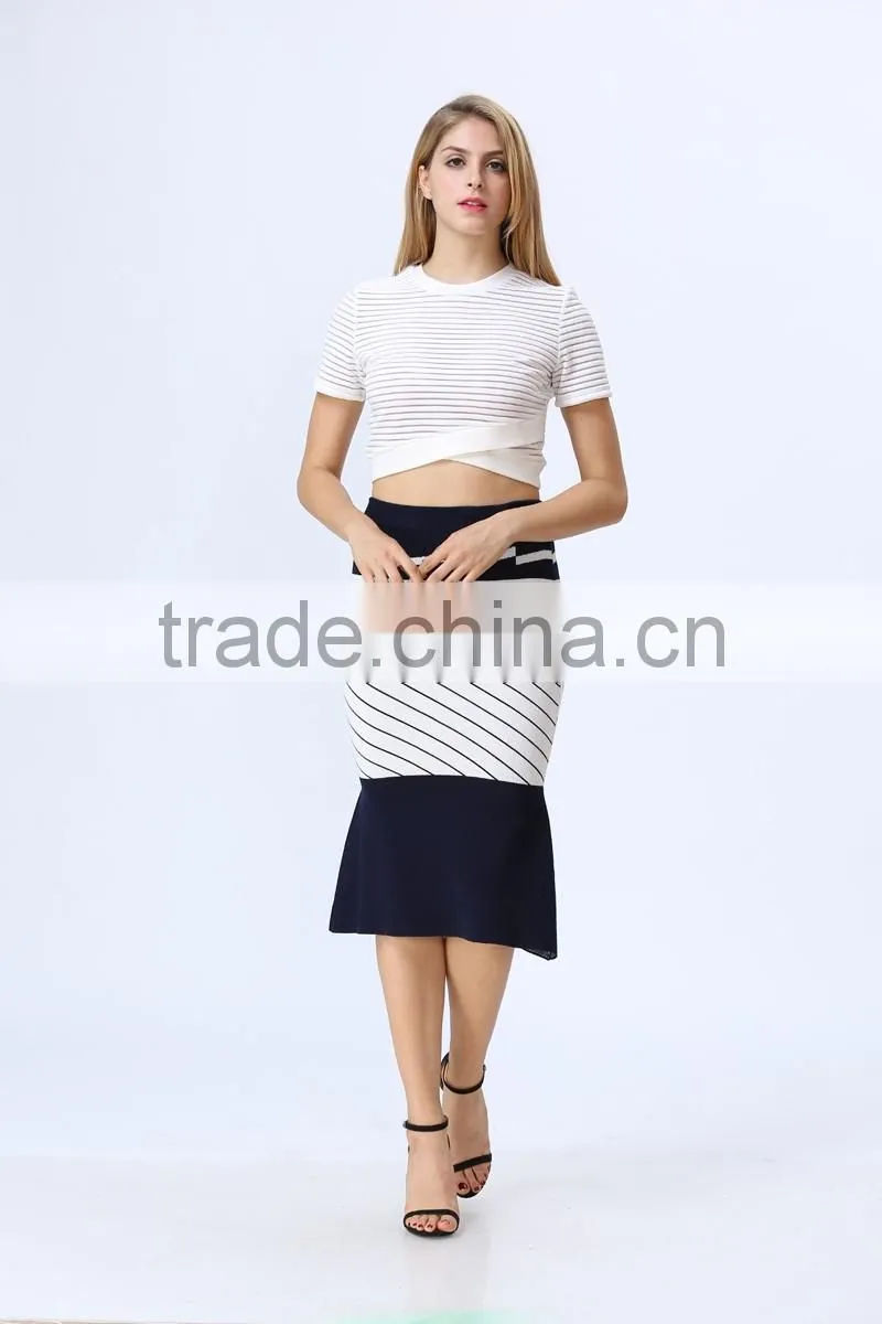 2016 New arrival white & black stripe knitted Crop and fishtail high waist knitted Skirt Co-ord Set