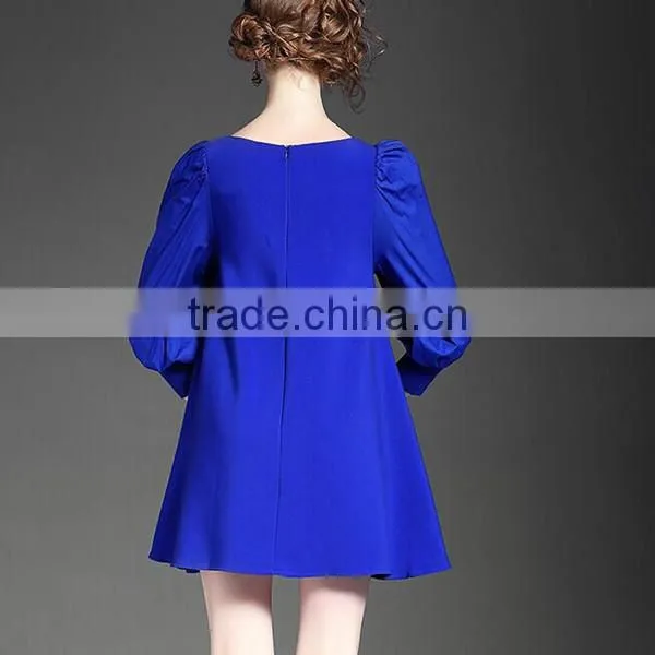 Women elegant bracelet sleeve round neck satin blue color high waist short dress