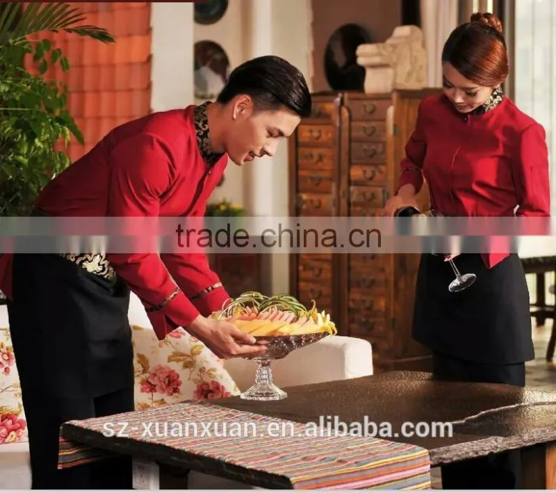 Popular design winter hotel long sleeve uniforms 2pcs for reception/ waiter/ waitress