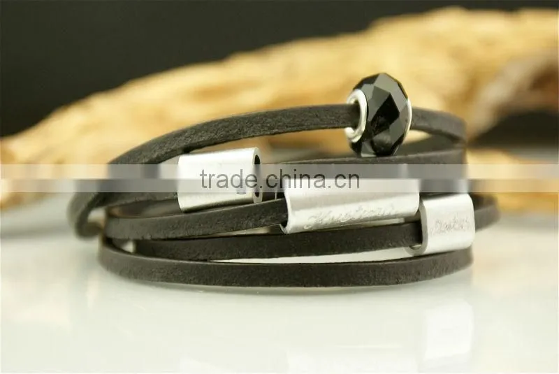 Personalized engraved multi strand leather bracelet, wrapped leather bracelet, name/logo stamped bracelet, crystal bead bracelet