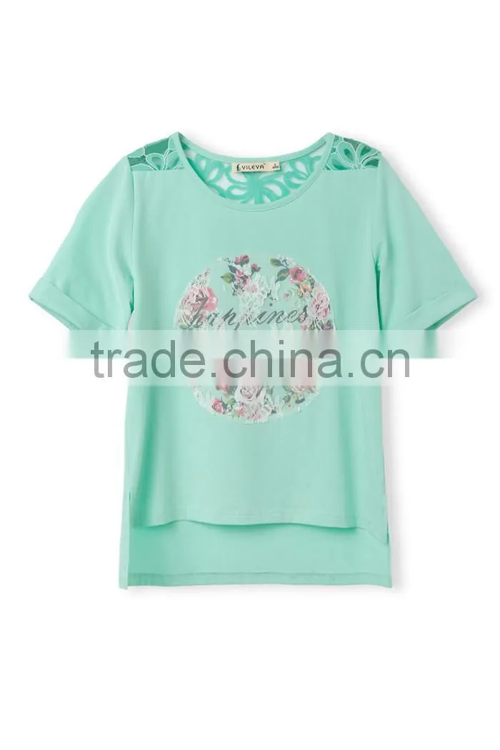 high fashion summer short sleeve lace printed designed crochet top fashion blouses 2015, design short sleeves elegant blouses