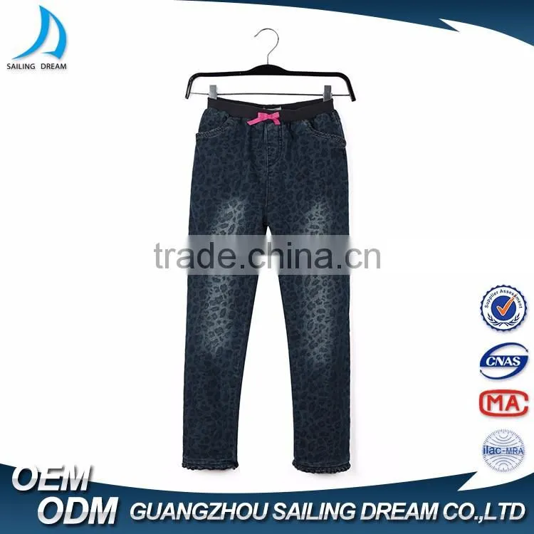 2017 Guangzhou Apparel factory pink bow - kont warm fleece kids ruffle printed jeans pants